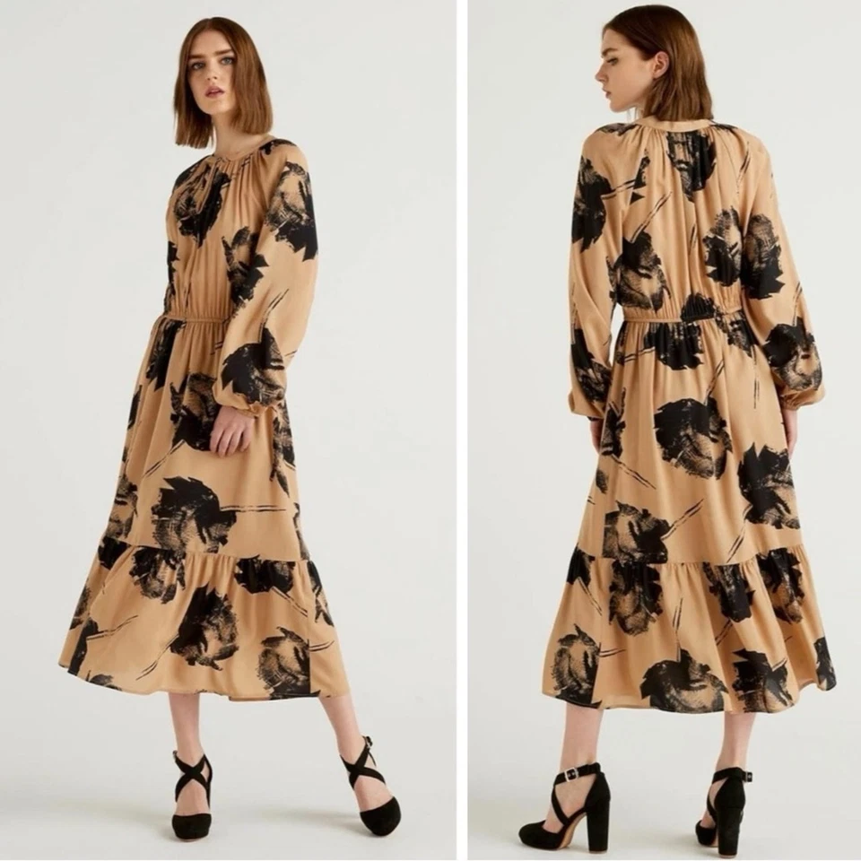 United цвета Benetton черный и желтовато-коричневый цветочный длинным рукавом миди платье размер большой - Изображение 3 из 4