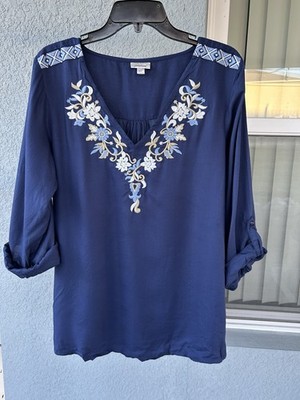 Avenue Women s Embroidered Floral V-neck Roll Tab Sleeves Size 14/16