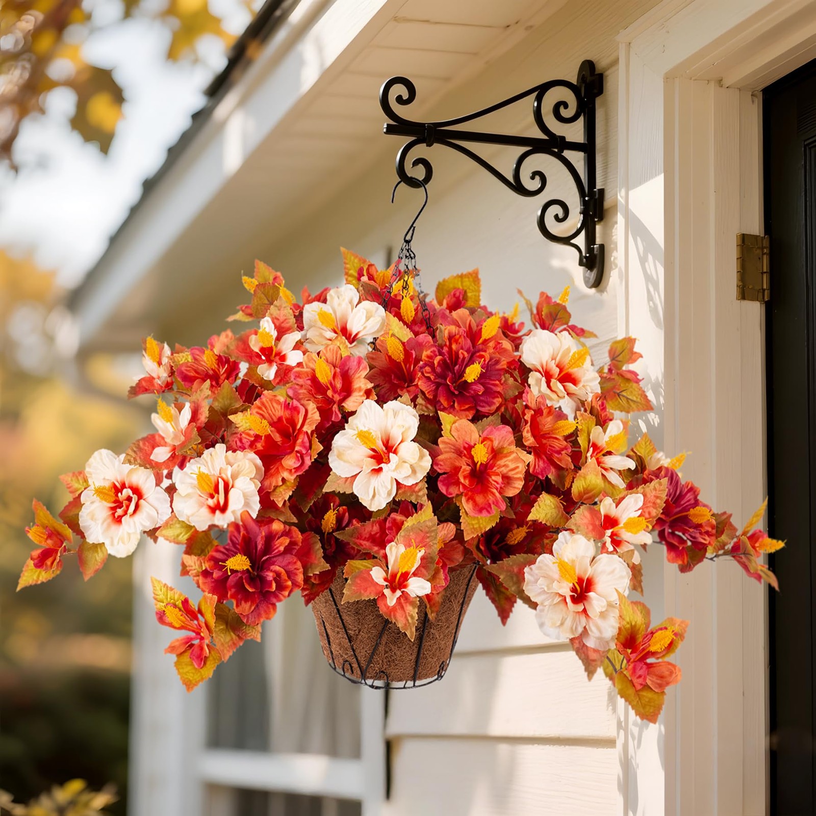 Artificial Fake Fall Hanging Flowers with Basket for Outdoors Decoration 3PCS...