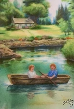 Aceo Mini Art Card Landscape Painting SERENITY Pond Boat Couple Peaceful Scene