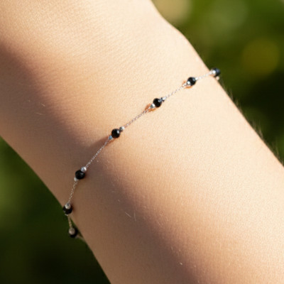 Elegant 925 Silver Plated Black Onyx Bead Bracelet Minimalist Boho Chain Design