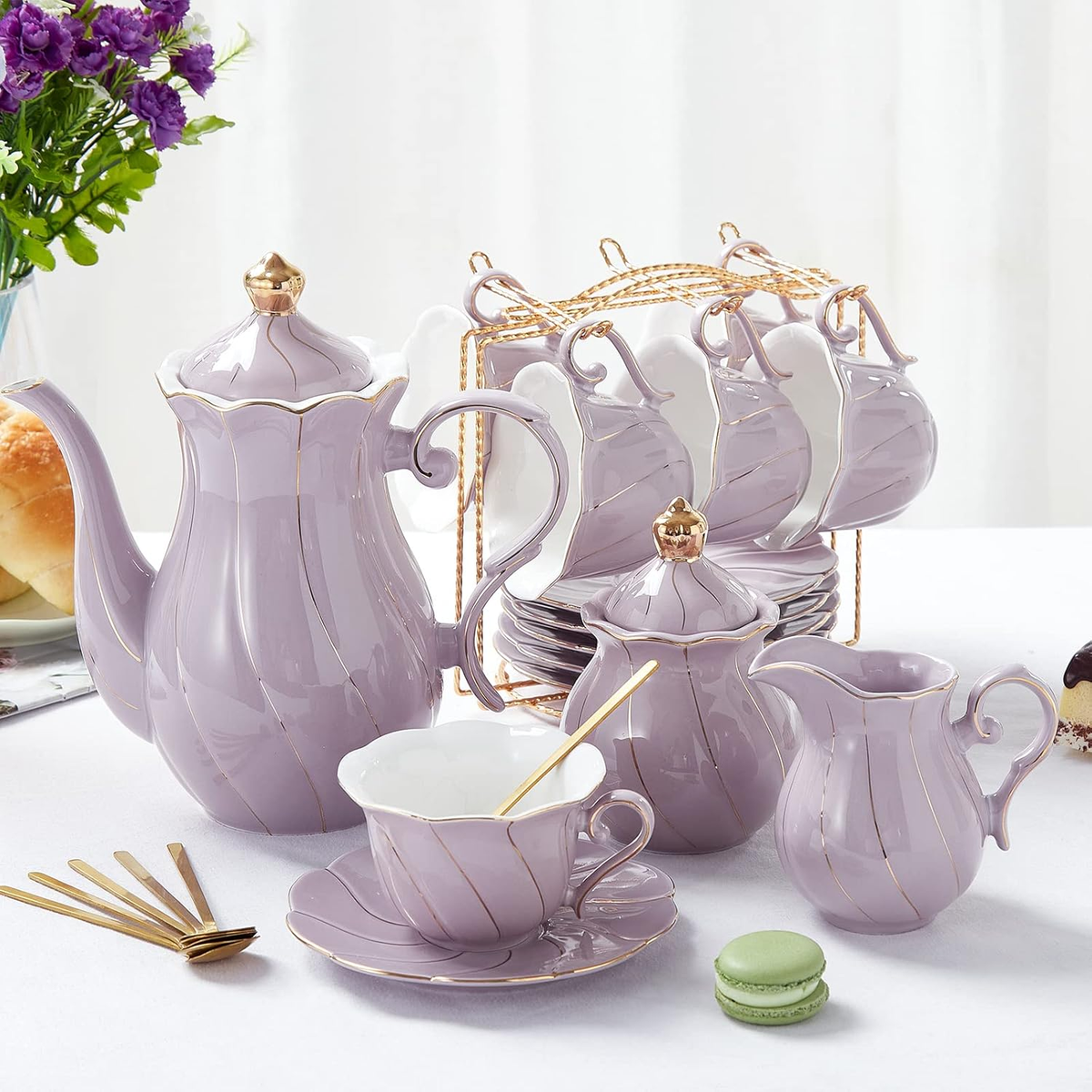 Luxury 22 Pcs Purple Porcelain Tea Set for 6 with Golden Trim