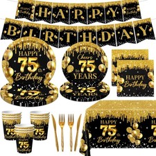 75th Birthday Decorations for Men Women, 142Pcs Black Gold 75th Birthday Deco...