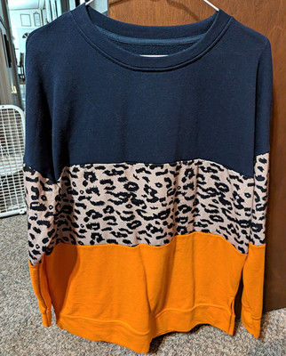 Womens Colorblock Leopard Print Crew Neck Pullover Sweatshirt Navy Gray L