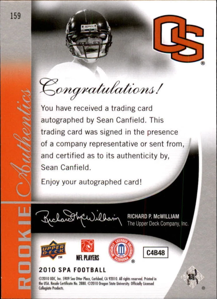 B2917- 2010 SP Authentic #159 Sean Canfield RC Auto /599 SAMPLE PIC - Image 2 of 2