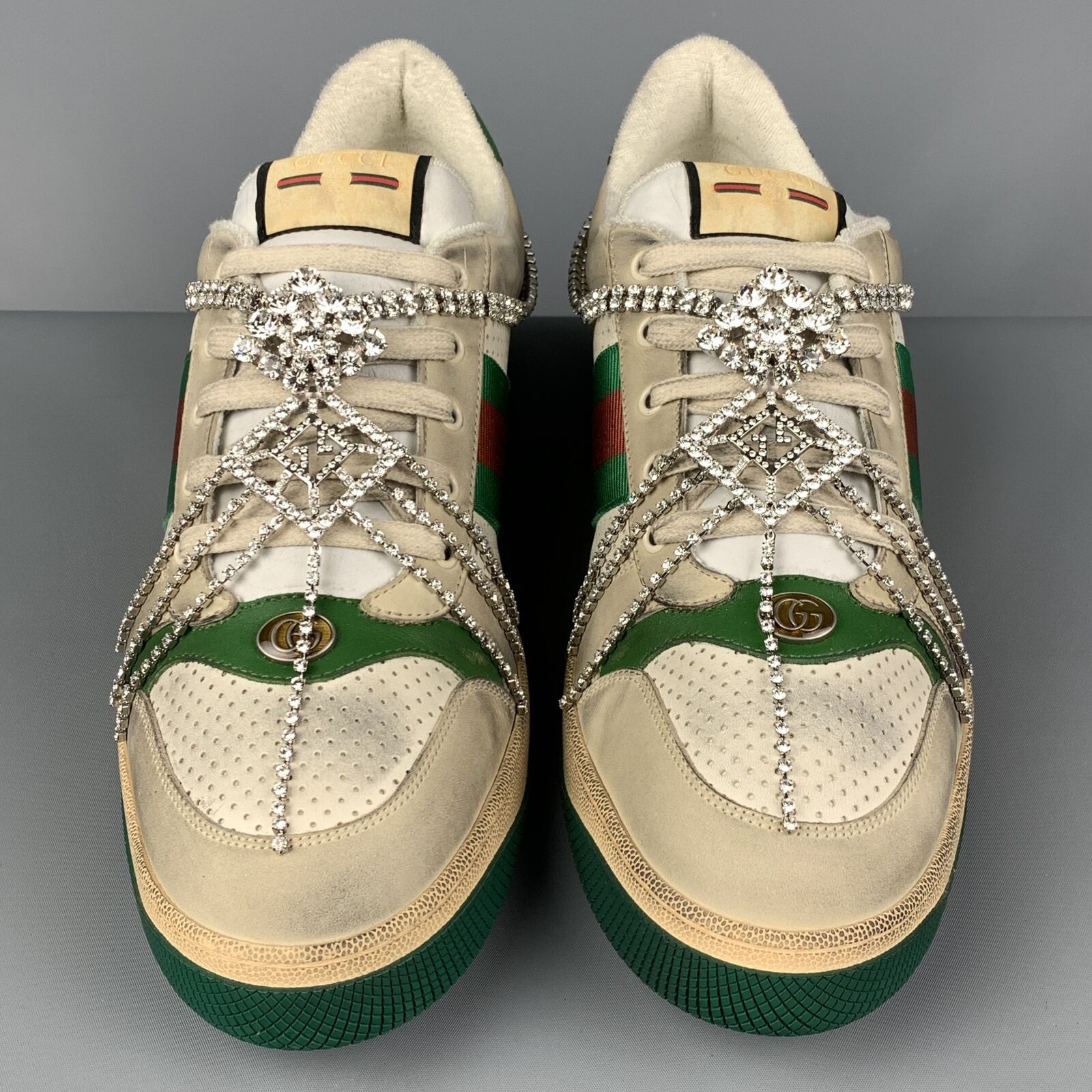 Gemme rookie Generel GUCCI Size 15 Off White Green Distressed Leather Crystal Screener Sneakers  | eBay