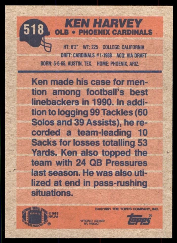 1991 Topps Ken Harvey Phoenix Cardinals #518 - Image 2 of 2
