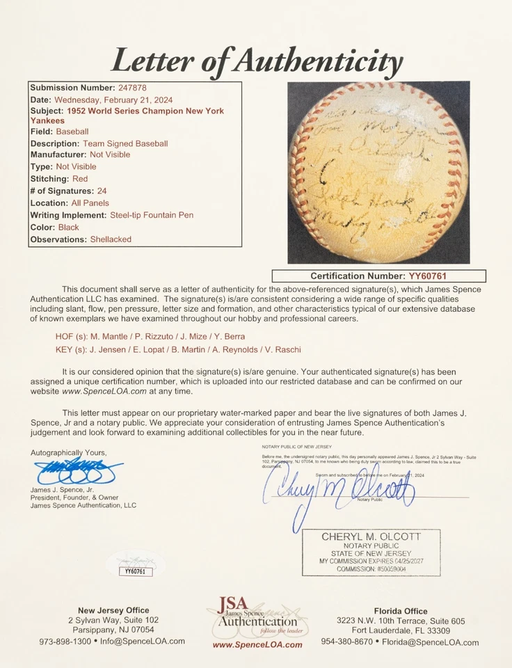 1952 New York Yankees World Series Champs Team Signed Baseball Mickey Mantle JSA - Image 3 of 4