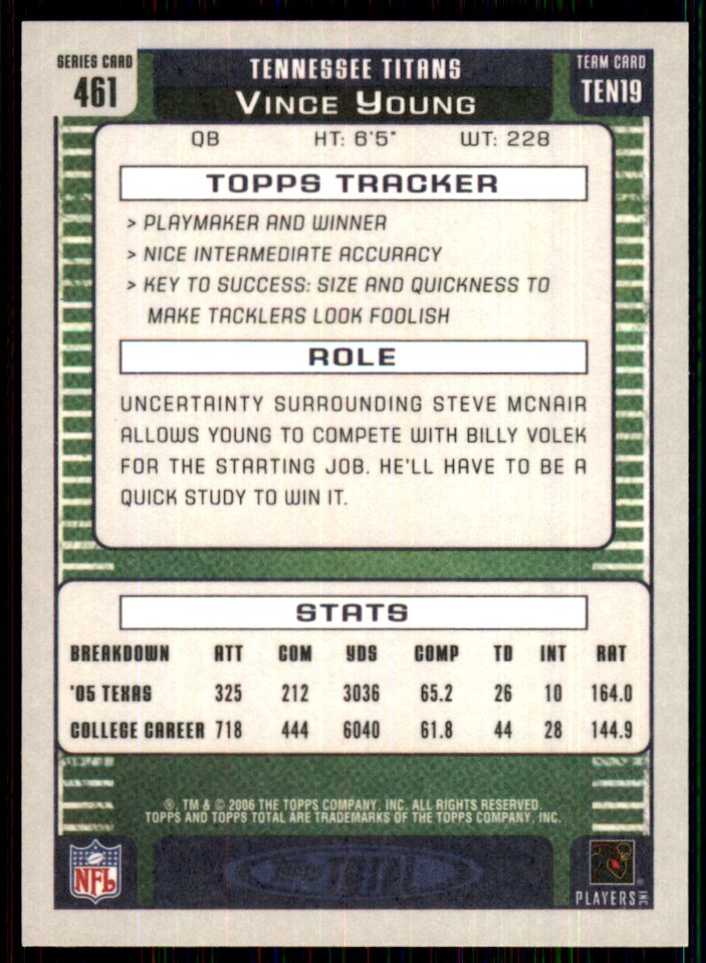 2006 Topps Total Vince Young Rookie Tennessee Titans #461 NFL