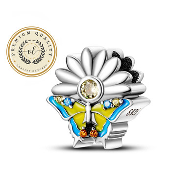 Butterfly On Daisy Charm For Bracelet, Animal Charm, Sterling Silver Charm