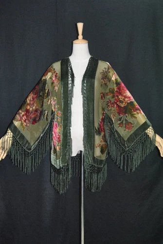 Art to Green Color Flower Burnout Velvet Fringe Coat Duster Kimono Jacket Short