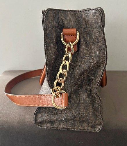 Michael Kors Hamilton Large Brown Logo Purse w/ Gold Chain & Buckle Accents - Picture 3 of 9