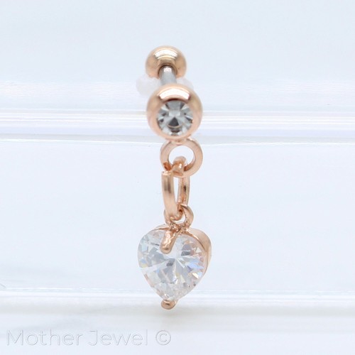 SIMULATED DIAMOND HEART DANGLE CARTILAGE LABRET SILVER YELLOW ROSE GOLD IP STUD - Picture 13 of 16