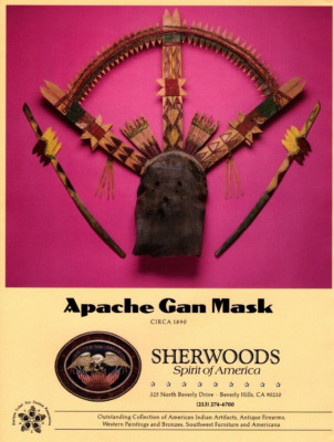 1989 AMERICAN INDIAN MASK EXHIBIT AD, APACHE GAN MASK GALLERY PRINT AD