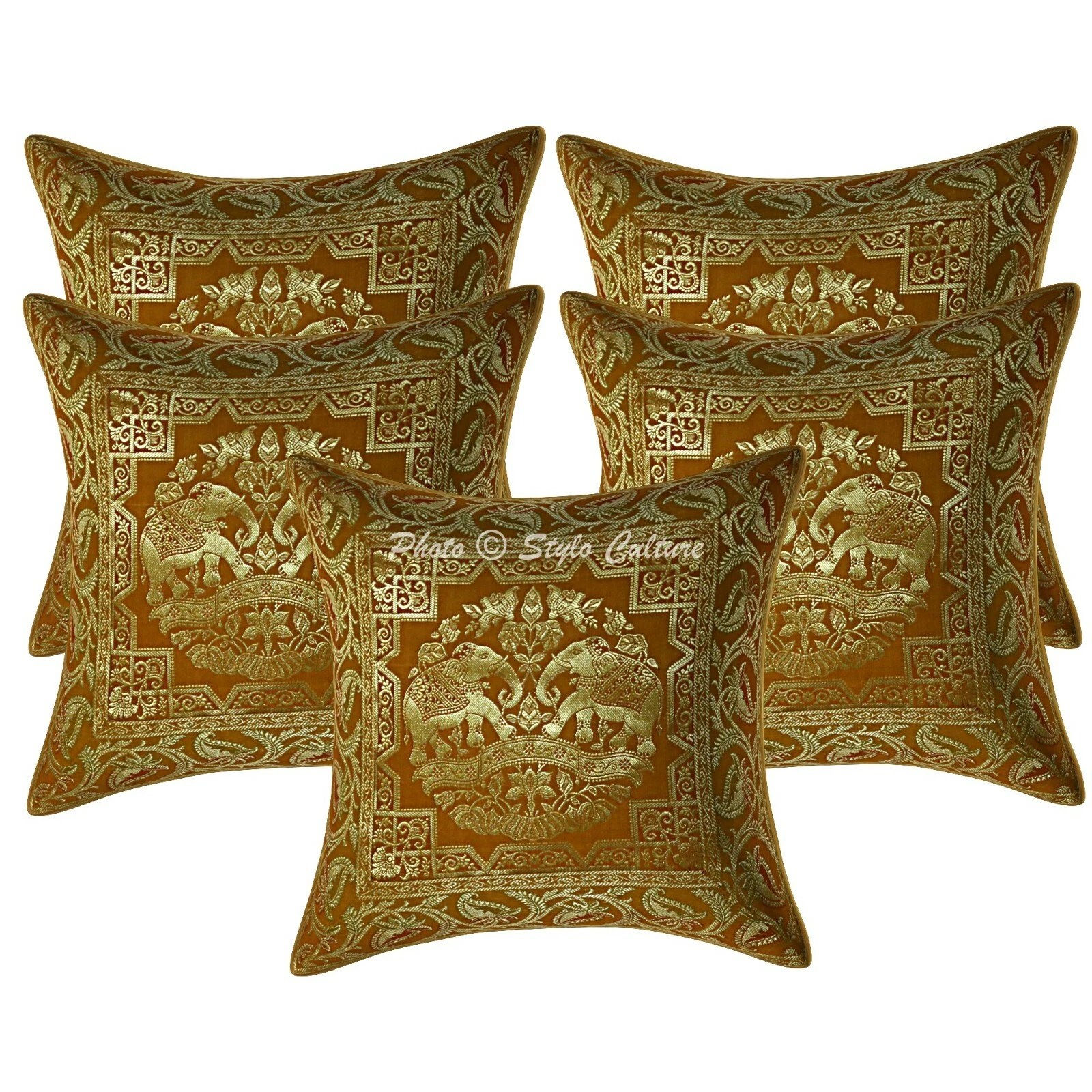 Scatter Cushion Covers Mustard 40 x 40 Jacquard Brocade Elephant Throw Pillows