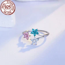 Top Multicolor CZ 925 Sterling Silver Flower Ring Engagement Adjustable Jewelry