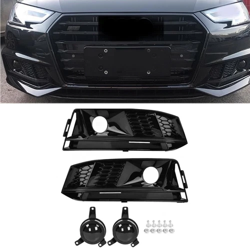 For Audi A4 B9 S4 2017-2019 W/ ACC All Black Front Bumper Fog Light Grill Cover - Picture 1 of 6