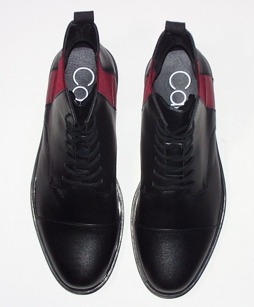 Calvin Klein Dameon Laceup Boot, Leather Upper, Black w/Red 