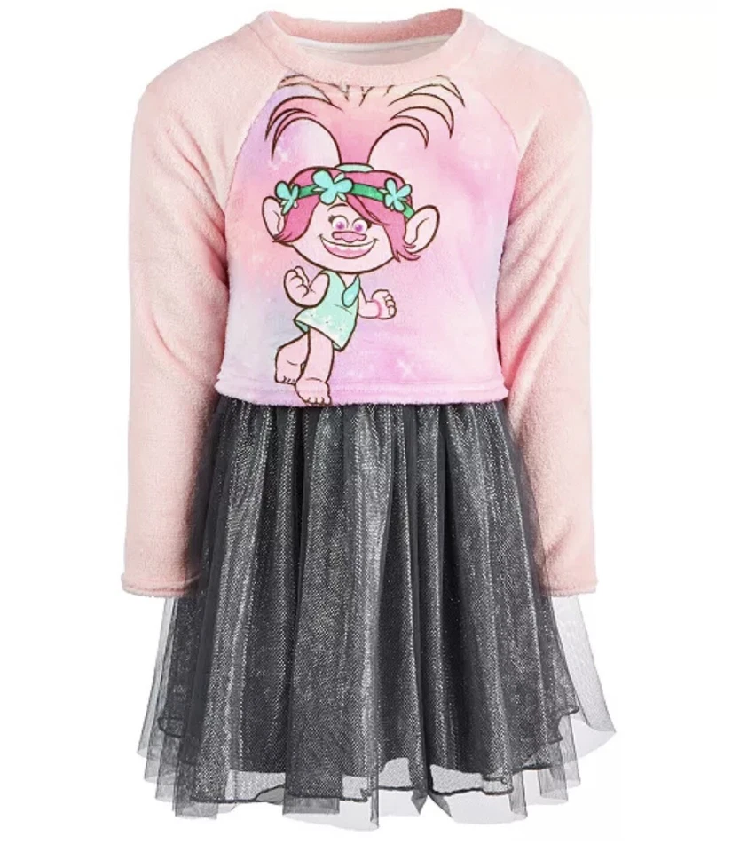 Vestido DreamWorks Trolls Niñas Talla 6X Gris y Rosa Reina Amapola Felpa En Capas Foto 2 de 4