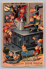 Antique 1888 Dixon's Stove Polish Advertising Trade Card - Elves & Stove Scene