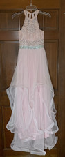 City Triangles Pink Lace Halter Rhinestone Waist Layered Tulle Formal Dress 0