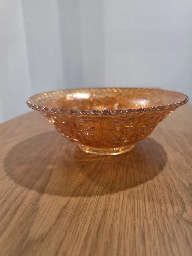 VINTAGE MARIGOLD CARNIVAL GLASS WITH OPEN ROSE DESIGN BOWL 8" Dia x 3" Tall EXC