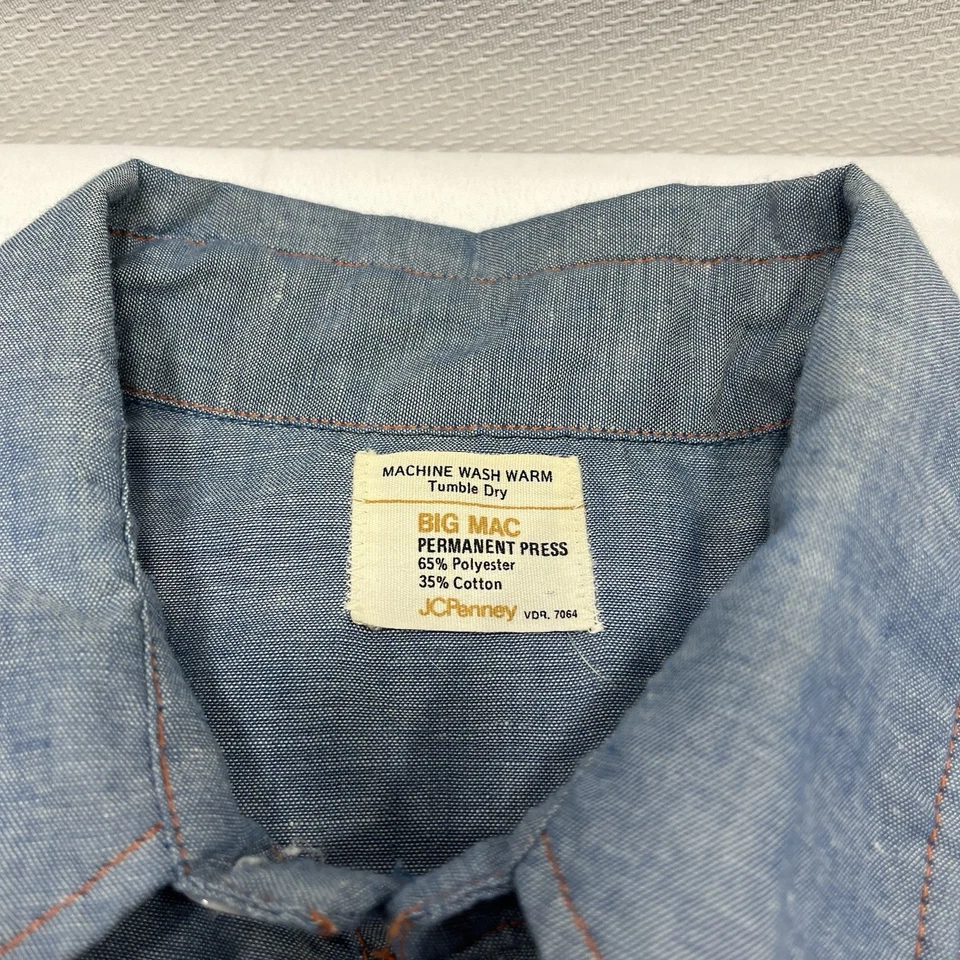 Vintage 60s JC Penny Big Mac Permanent Press Pearl Snap Blue Work Shirt - Stain - Image 4 of 4