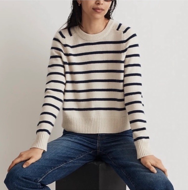 Madewell (Re)sourced Cashmere Wool Striped Crewneck Sweater Navy Cream Boxy M