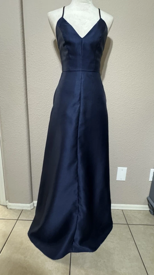 Maxi Vestido ALFRED SUNG Satinado Talla 0 Medianoche Azul Marino Bolsillos Formal Boda Foto 4 de 4