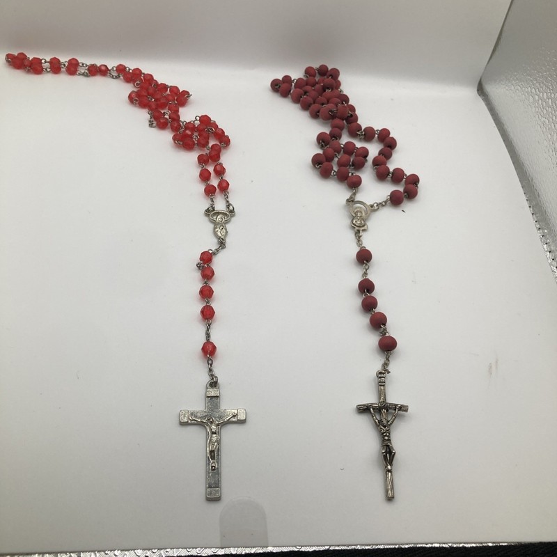 Lot Of 2 Red Burgundy Silvertone Christian Cross Catholic Rosaries