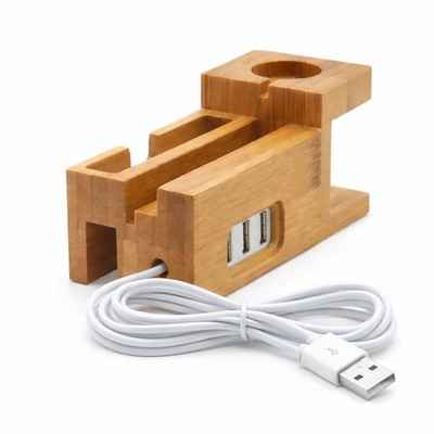 B32C Ladestation Docking Bambus Holder, Desktop Organizer & Ladegerät 3x USB 