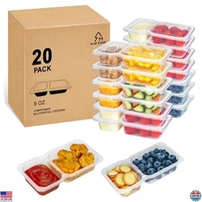 20 Sets 9 OZ Double Compartment Snack Containers with Lids - Reusable On-the-Go