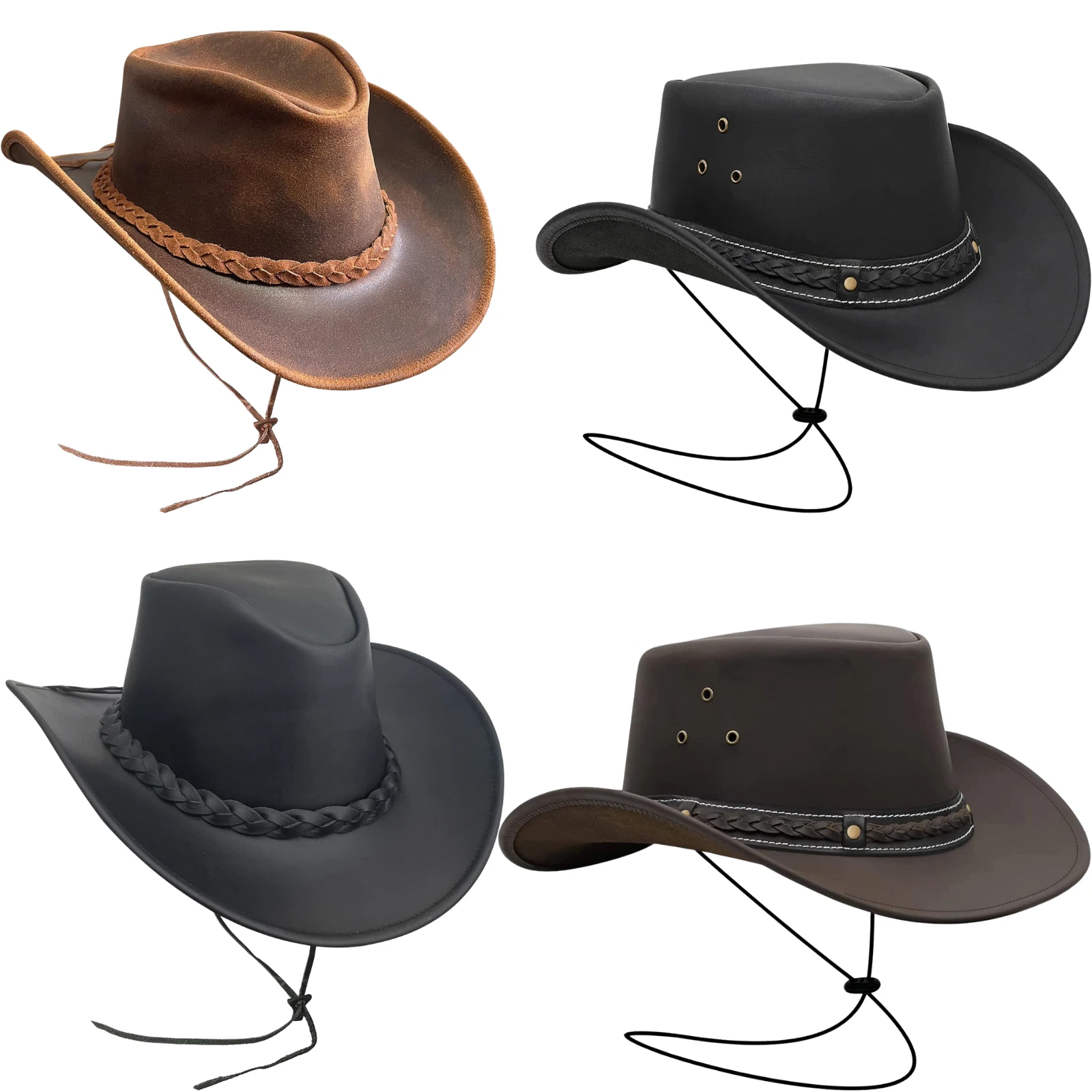 Real Leather Western Cowboy Hat Men's Australian Style Tan Crazy Horse Bush Hats
