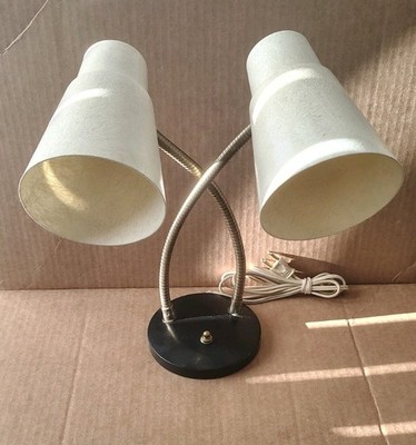 Vintage Art Deco Double Gooseneck Table Desk Wall Lamp Fiberglass Shades MCM 