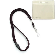 100 BREAKAWAY NECK LANYARD WITH HOOK (BLACK) + 100 CLEAR VINYL ID BADGE HOLDERS