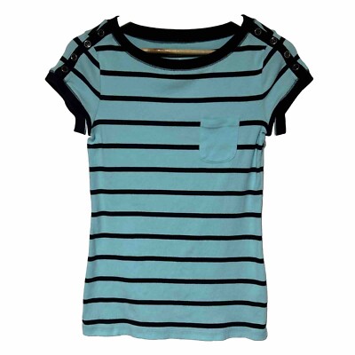Talbots Stretch Weekend Tee Womens T Shirt Top XS Blue Nautical Button Shoulder