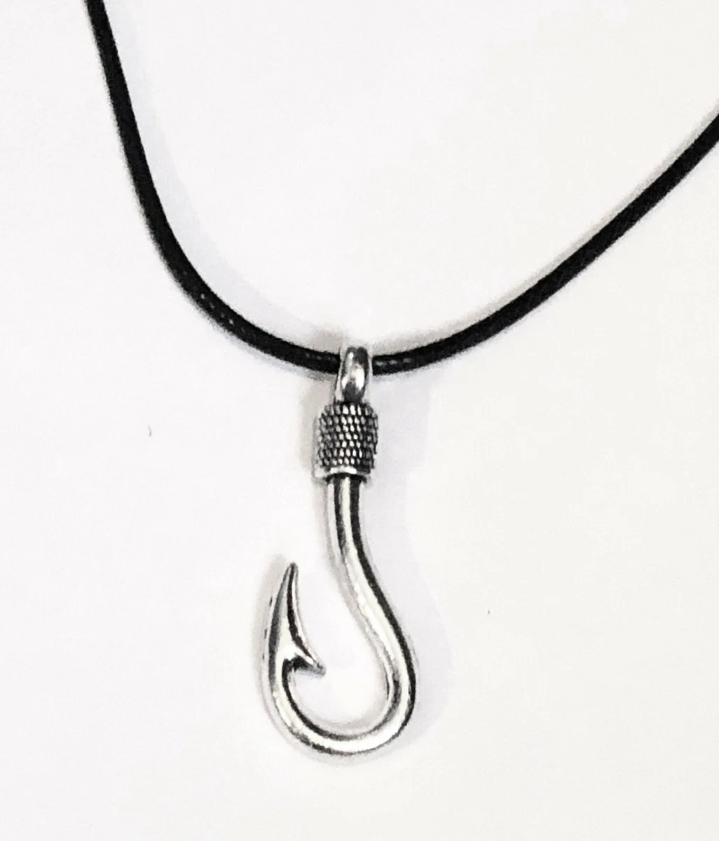 Mens Fishhook Necklace Choker Black Cord Chain Fishing Fish Hook Jewelry  Nature