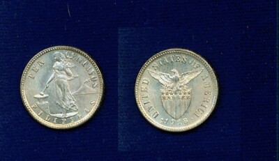 PHILIPPINES / U.S.A. 1908-S 10 CENTAVOS COIN, CHOICE AND JUST ABOUT UNCIRCULATED