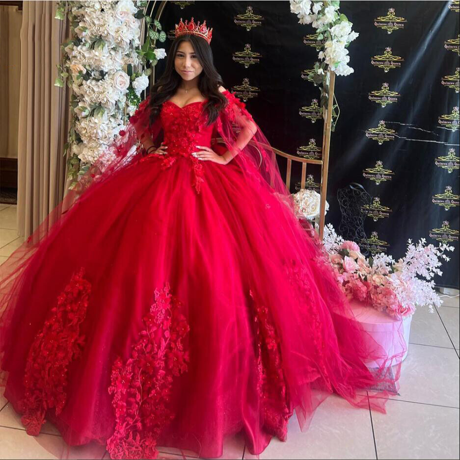 Red Off Shoulder Ball Gown Floral Appliques Tulle Princess Prom Quinceanera Dresses Red Off Shoulder Ball Gown Floral Appliques Tulle Princess Prom Quinceanera Dresses