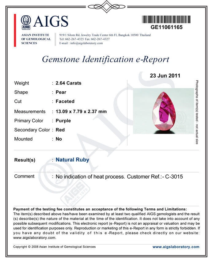 AIGS Certified MOZAMBIQUE Ruby 2.64 Cts Natural Untreated Deep Purple Red Pear - Image 4 of 4