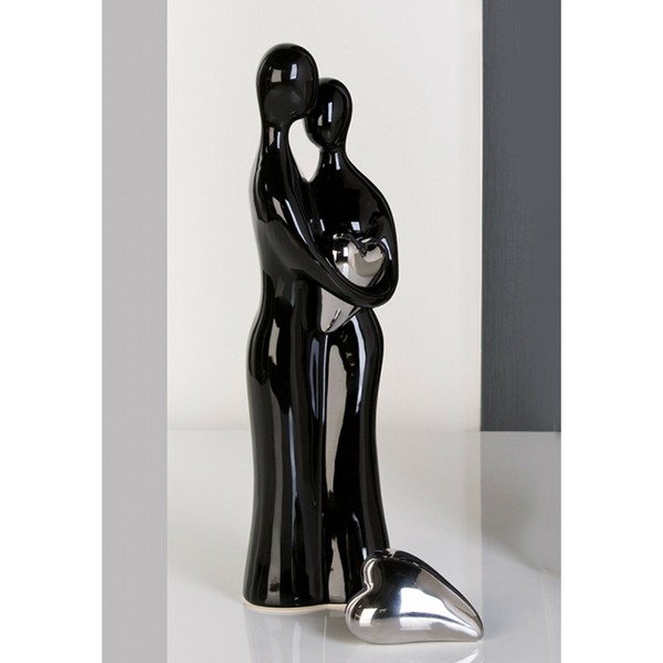 Skulptur Paar Mit Herz 38Cm Schwarz Silber Hochzeit Liebe Keramik Figur-image