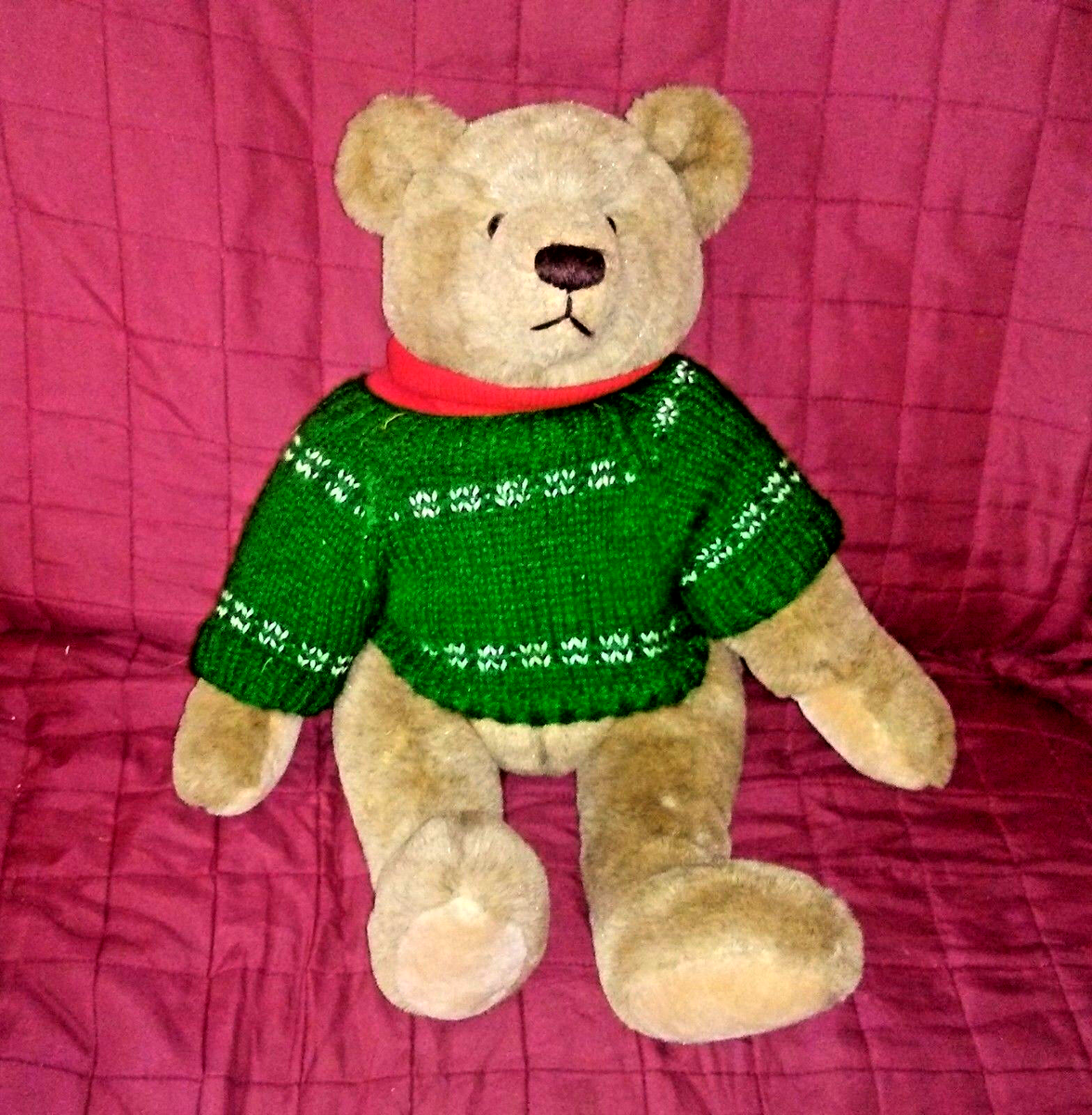 Vintage Gund Tan Jointed TEDDY BEAR Plush '82 Green Knit Sweater