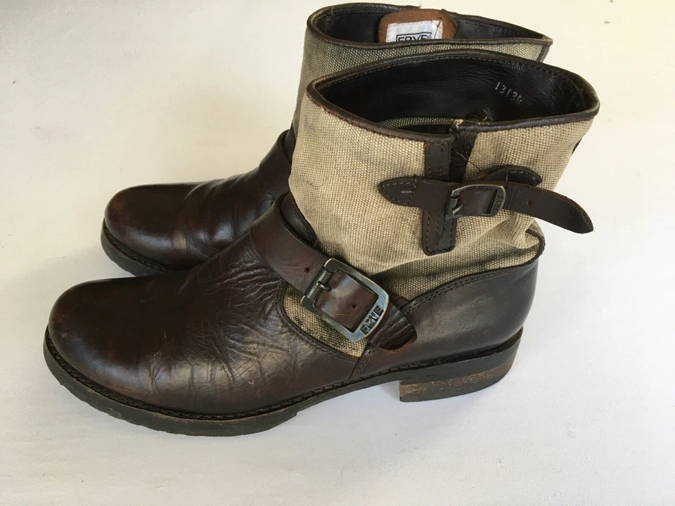 Botín Frye Marrón Cuero Lona Hebilla Baja Talla 9B Grunge Motociclista Para Mujer’s Foto 2 de 4