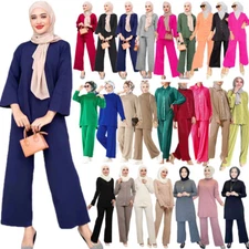 Abaya Muslim Kaftan Women Two Piece Set Long Sleeve Tops Pants Outfits Trousers