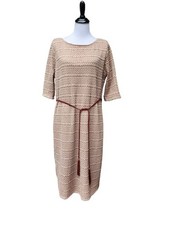 Tacera Tan Textured Knit Dress SIZE XL 3/4 Sleeve Pullover Tie Belt Stretch