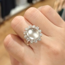 NaturalShuiMoJadeLarge Oval Halo Ring 925 Sterling Silver Moissanite Adjustable