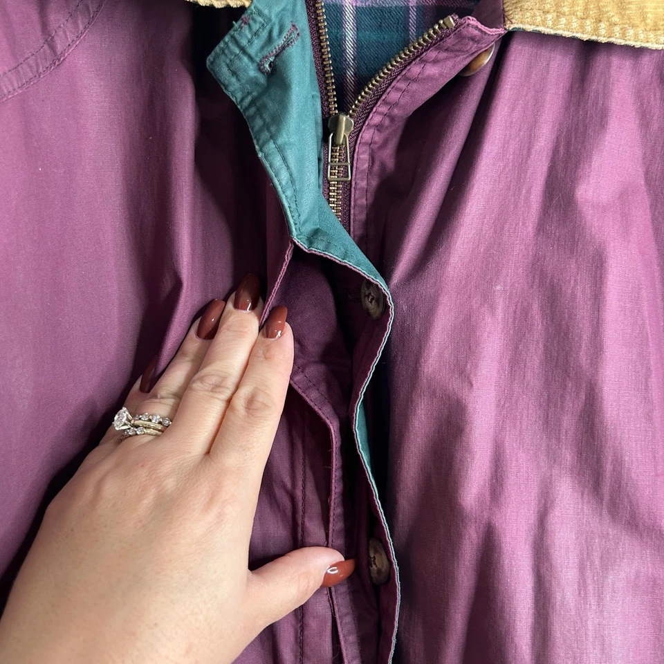 Abrigo de Granero Forrado a Cuadros Eddie Bauer Para Mujer Tareas Borgoña Pana Cuello Talla L Foto 4 de 4