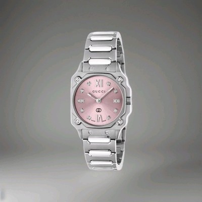 Gucci G-Flat Uhr, 24mm YA166501 Damenuhr. Silber mit rosa Gesicht. Diamanten