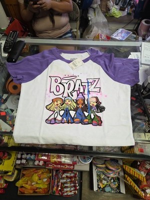 Bratz T-Shirt Girls Large White Purple Ringer Short Sleeve Cropped Graphics