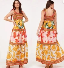 House Of Harlow 1960 Revolve Tropical Fruit Colorful Smocked Tiered Maxi Dress L